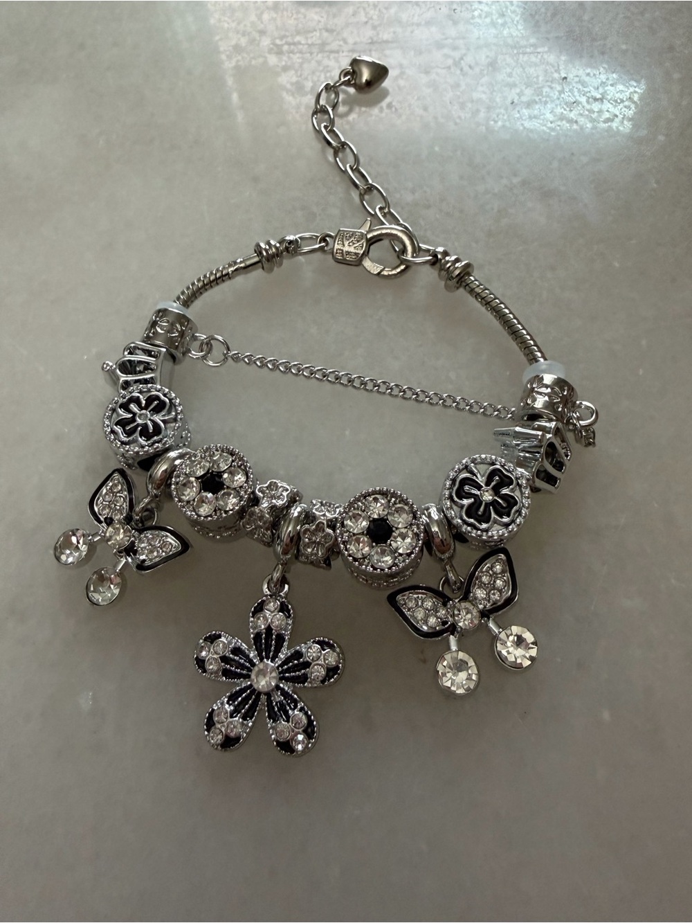 Silver Flower & Butterfly Charm Bracelet - Sparkling Crystal Accents